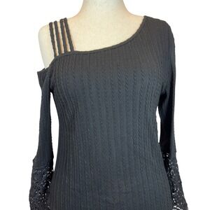 Black Ribbed Sweater M Lace Sleeve Detail Asymmetrical Shoulder Witchy Chic Edgy
